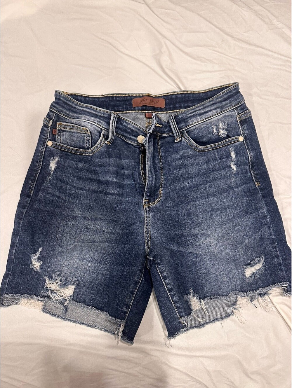 Judy Blue Shorts Womens Large Blue Denim Distressed Cut Off Frayed Hem Stretch